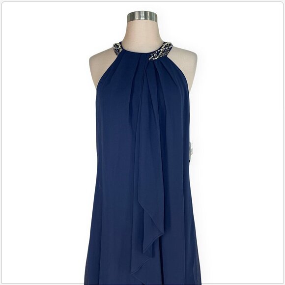 SLNY SL Fashions Navy Beaded Chiffon Halter Neck Evening Party Dress NWT New 12 - Picture 3 of 5